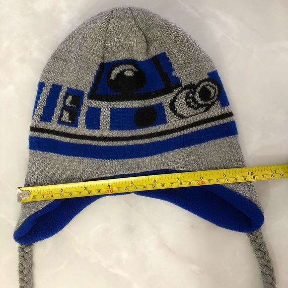 STAR WARS R2D2 Tassel Beanie Toque Lines Knit Hat Cap Stretch Fit Blue Grey - Picture 3 of 4